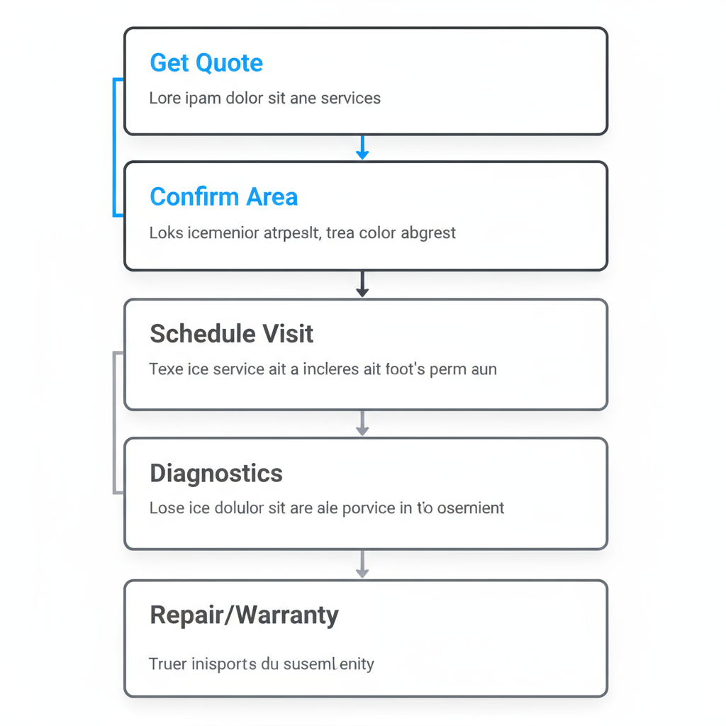 Vertical process flow illustrating the five steps to book Sub Zero appliance repair service online, from getting a quote to repair completion.