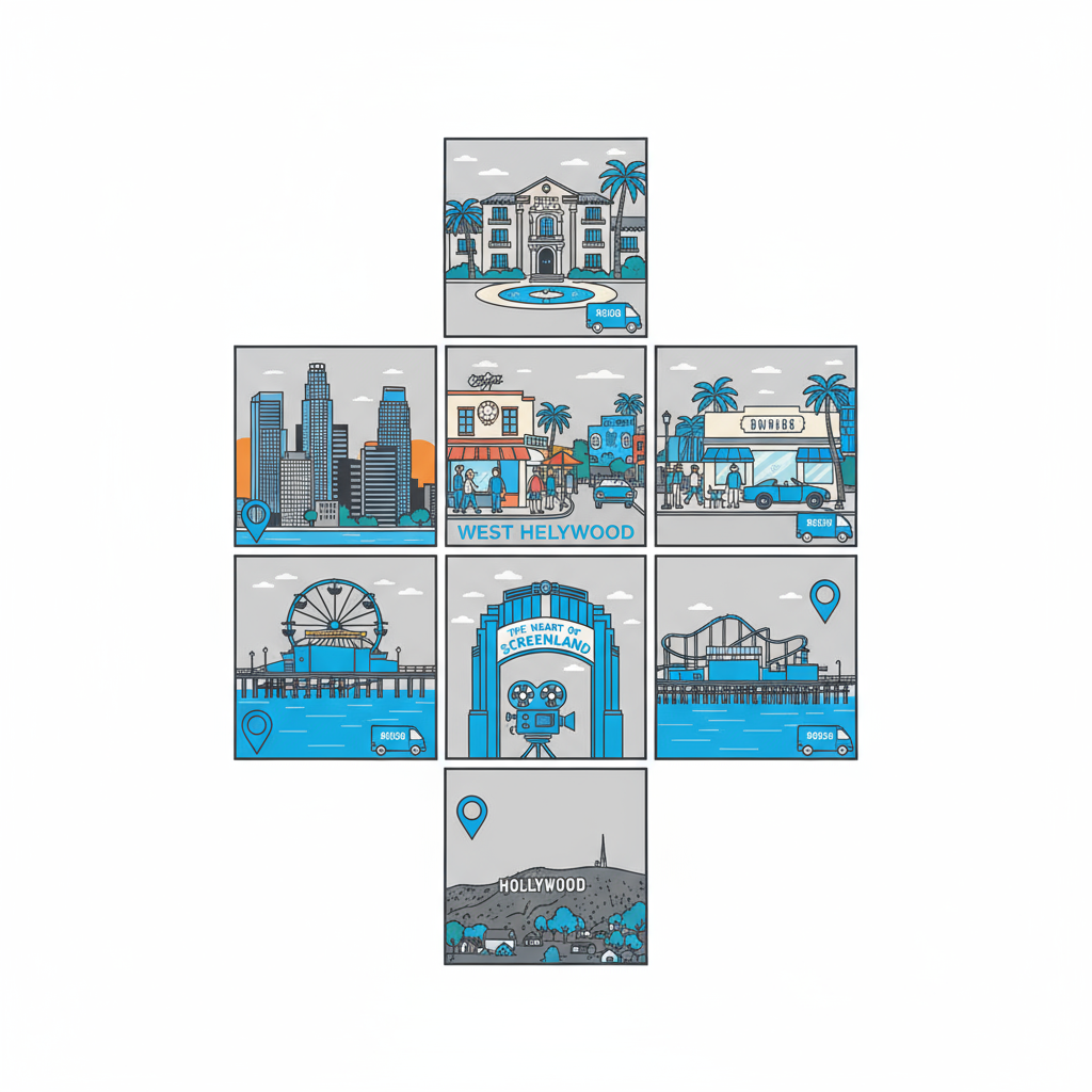 Icon set showing prominent landmarks and service symbols for Los Angeles neighborhoods