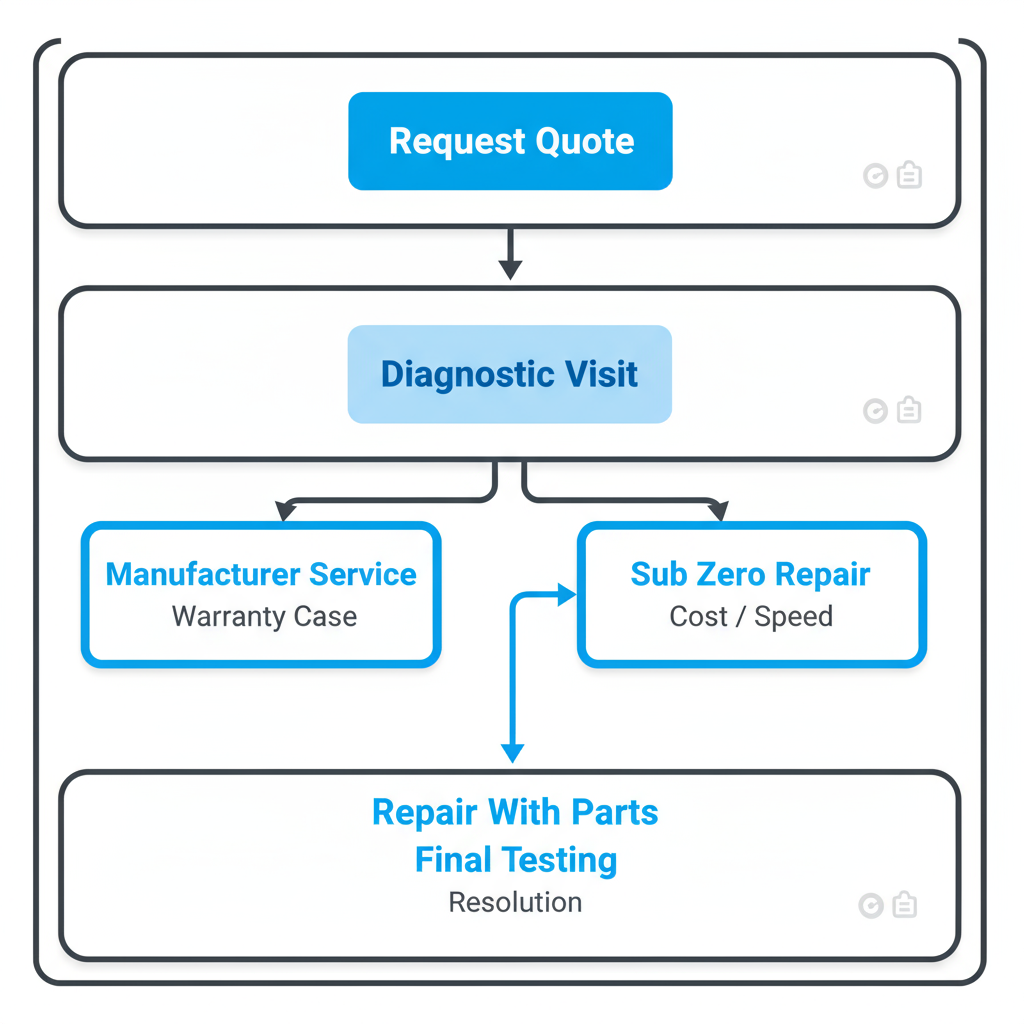 Vertical process flow illustrating the Sub Zero appliance repair service journey from initial request to resolution, highlighting key decision points.