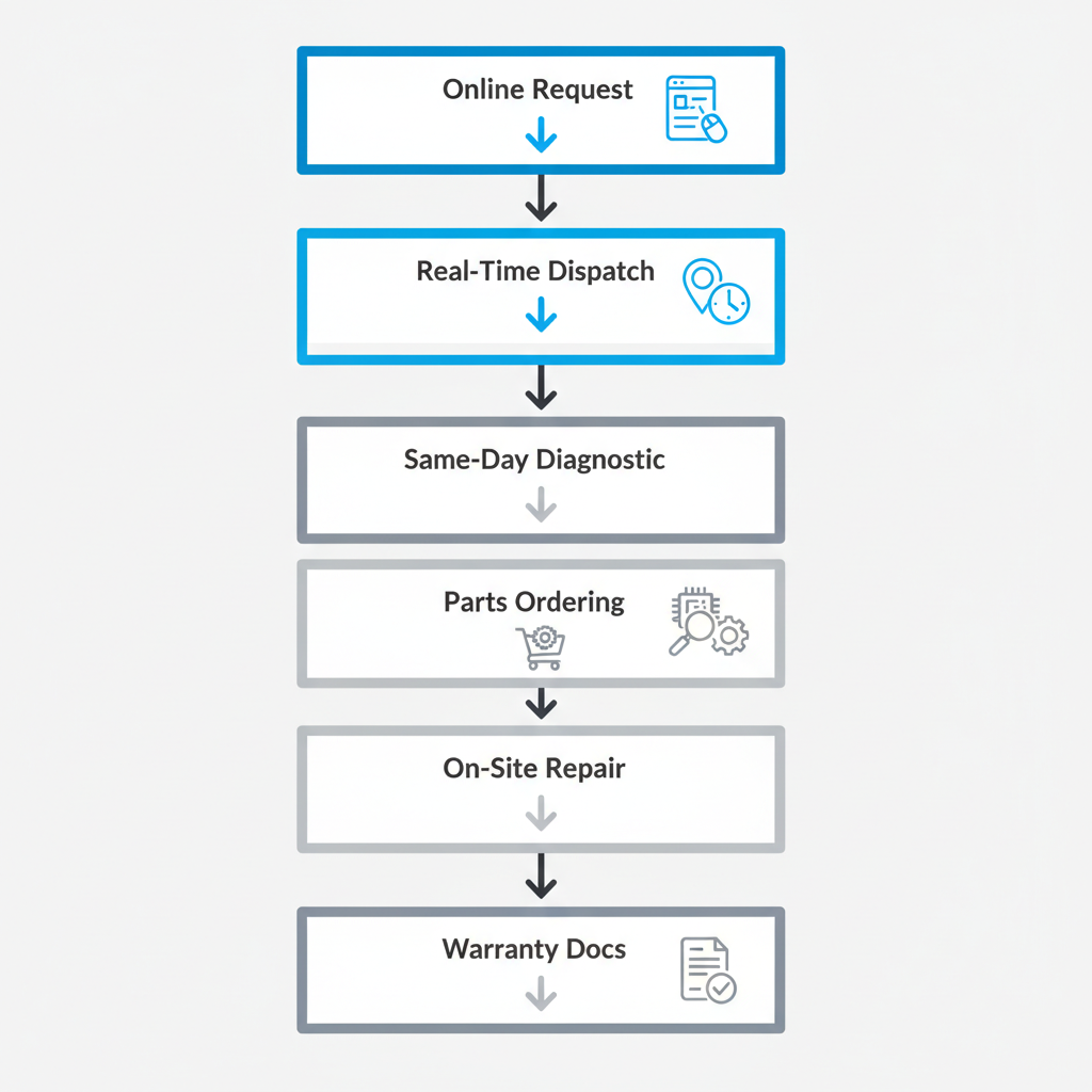 Vertical process flow showing the six steps of Sub Zero appliance repair service booking and dispatch, from online request to warranty documentation.
