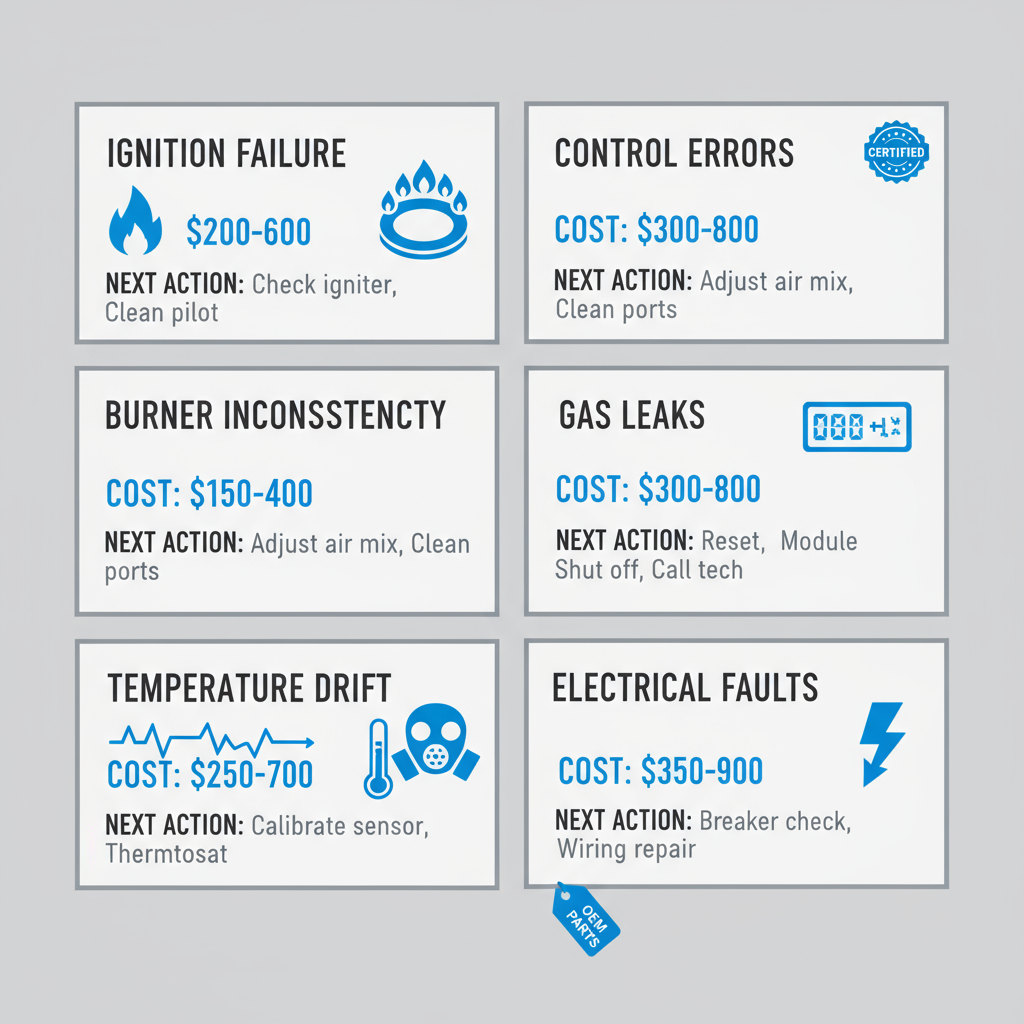 Infographic detailing the top 6 common faults found in Wolf stoves, with associated costs and repair actions, emphasizing certified repairs using OEM parts.
