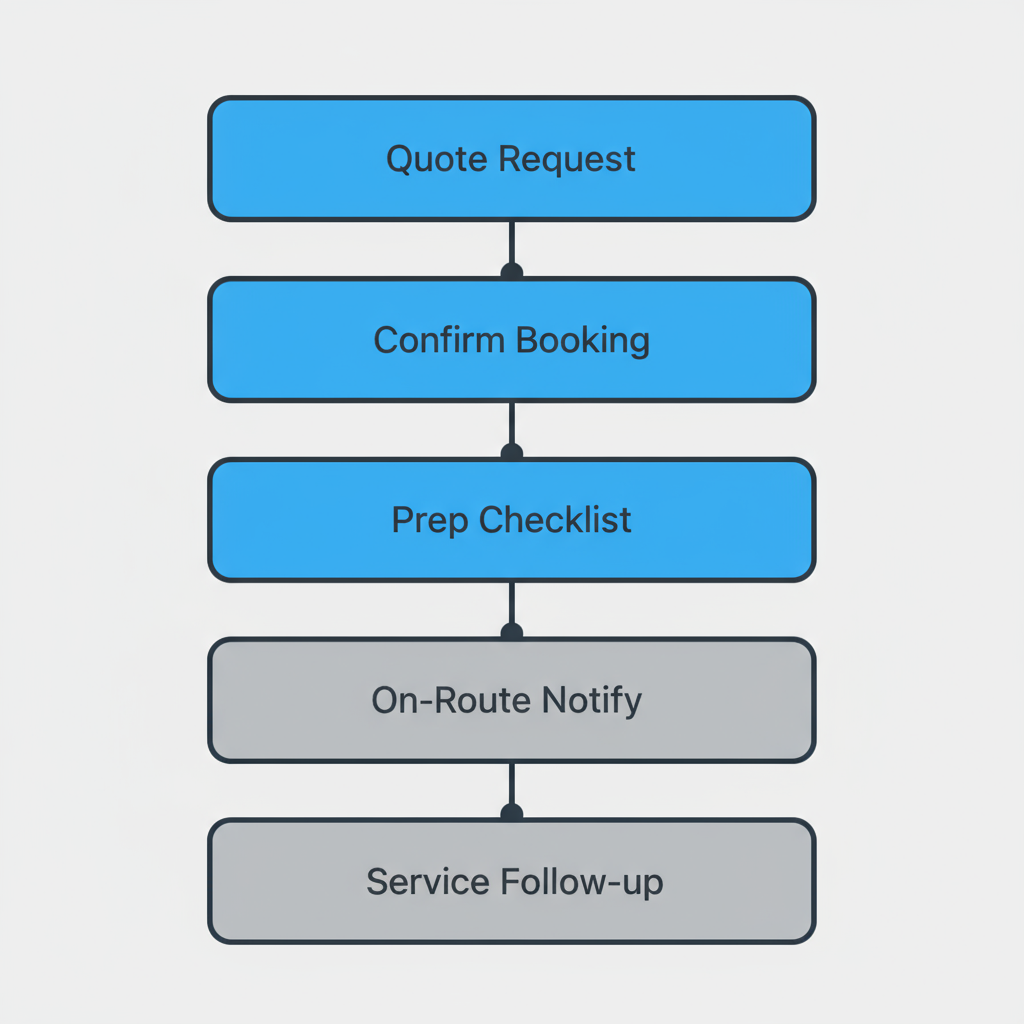Vertical process flow illustrating the 6-step customer journey for Sub Zero appliance repair service booking.