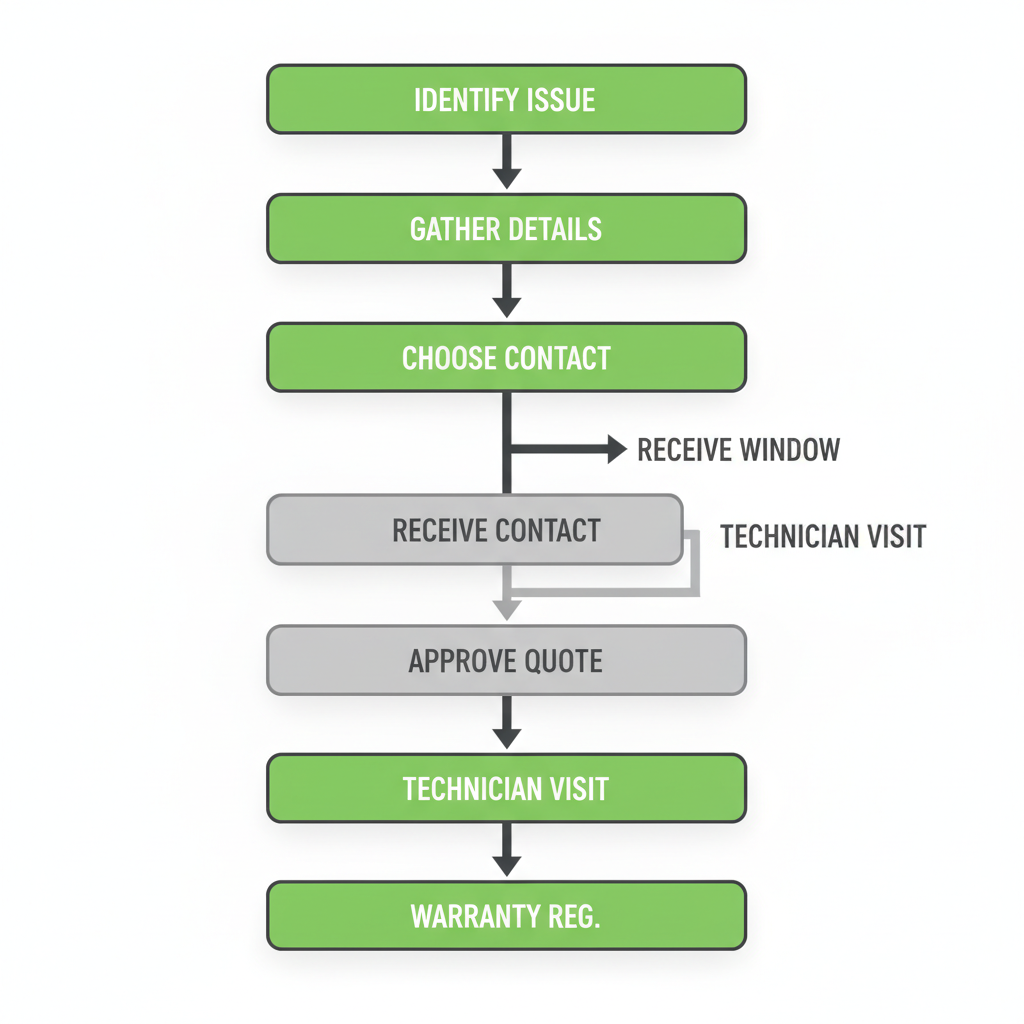 Vertical process flow illustrating the 7 steps to request and complete Sub Zero appliance repair service in San Jose, from identifying the issue to warranty registration.