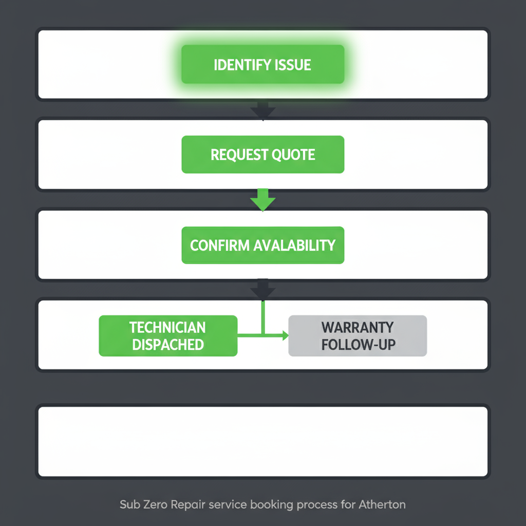 Vertical process flow illustrating 5 steps for booking Sub Zero appliance repair service in Atherton.