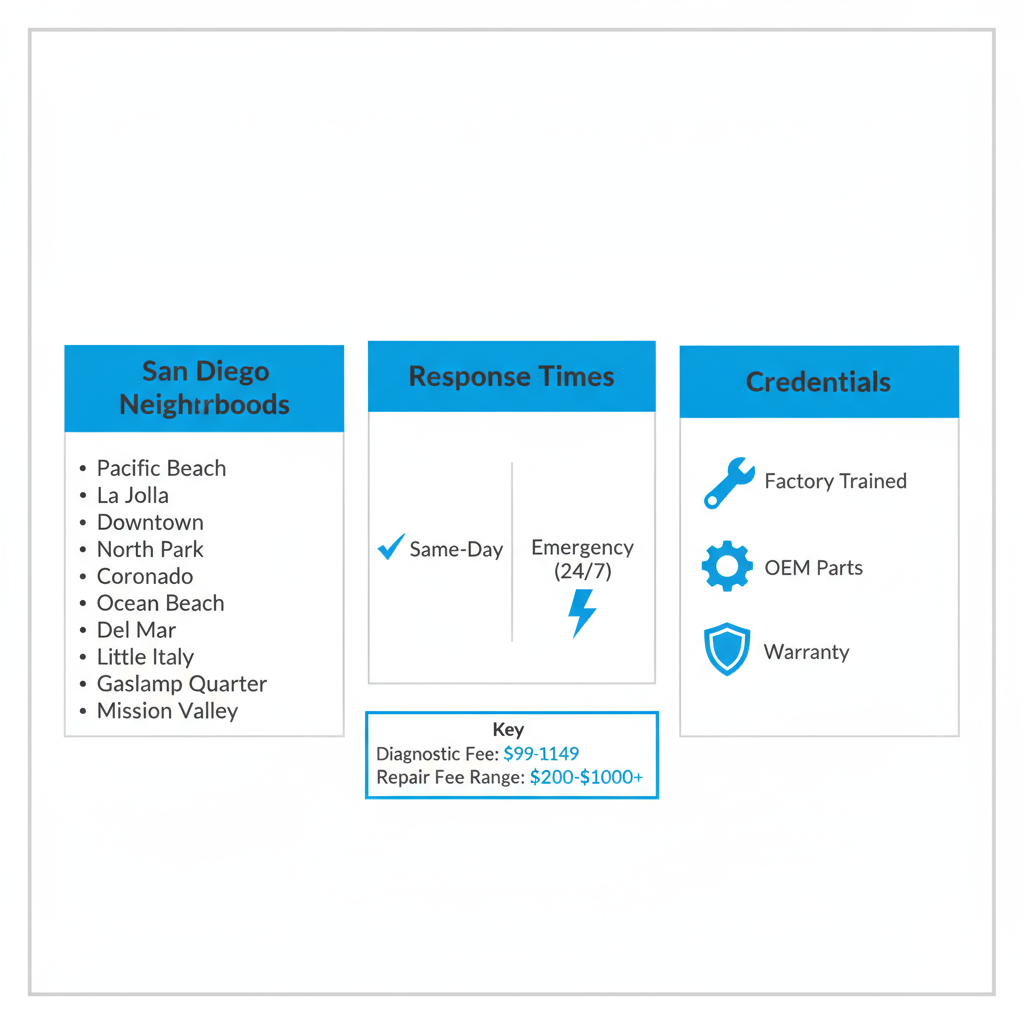 Infographic showing Sub Zero Repair's service coverage in San Diego, including neighborhoods, response times, and technician credentials with fee range key.