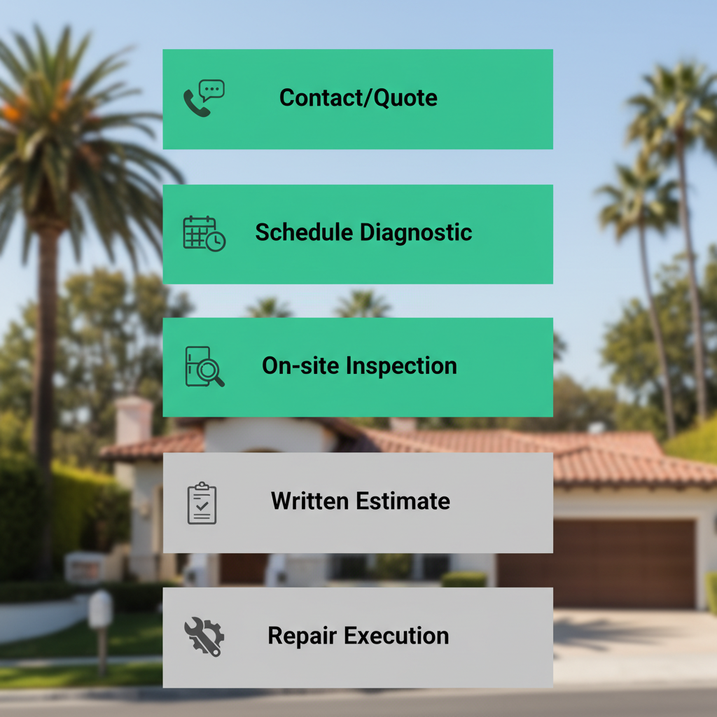 Vertical process flow showing the five steps for Sub Zero appliance repair in Beverly Hills, from initial contact to completed repair.