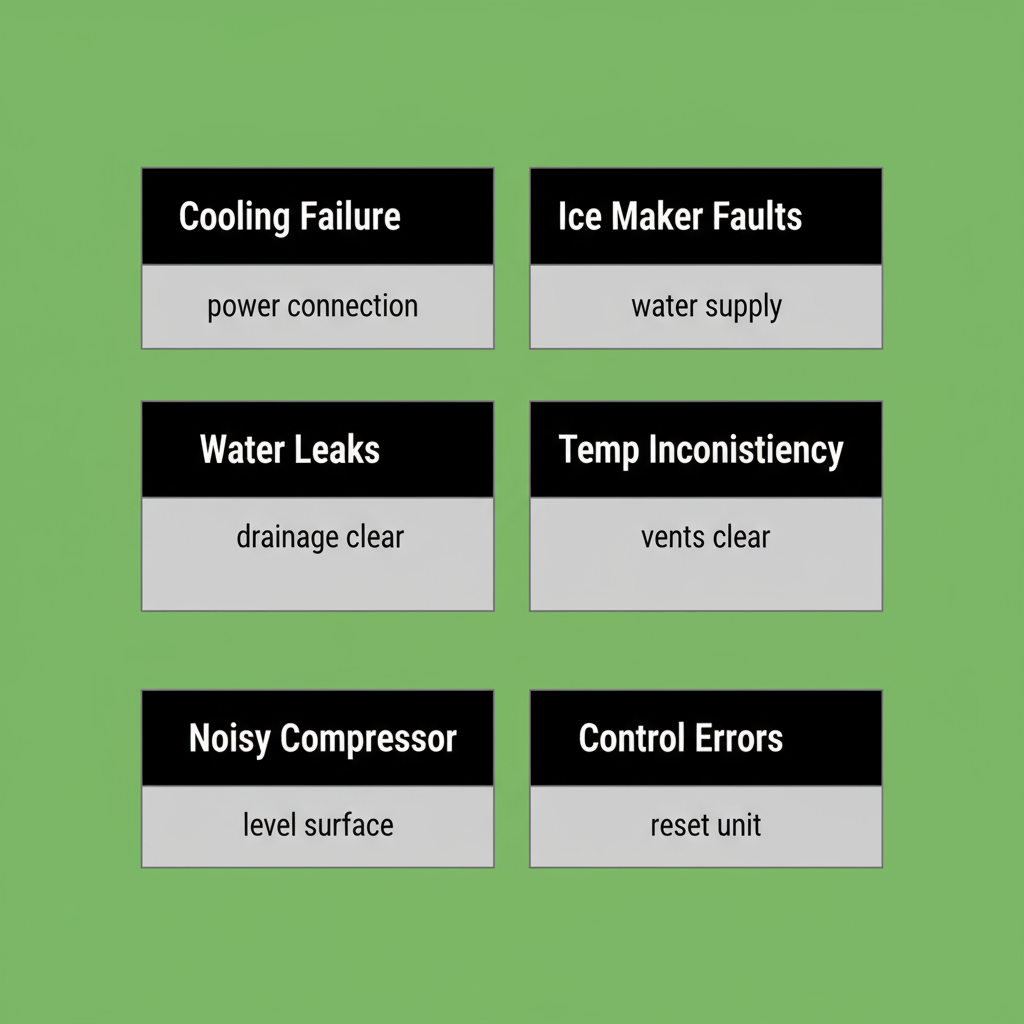 Infographic showing a checklist of common Sub Zero refrigerator problems and homeowner troubleshooting steps.