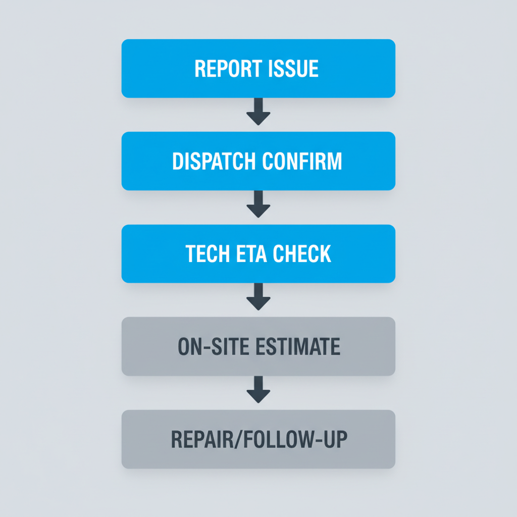 Sub Zero repair process flow illustrating 5 steps from reporting an issue to repair completion for Malibu customers
