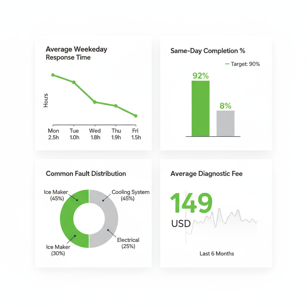 Data visualization showing key service metrics for Sub Zero appliance repair in Malibu, including response times, completion rates, and diagnostic fees.