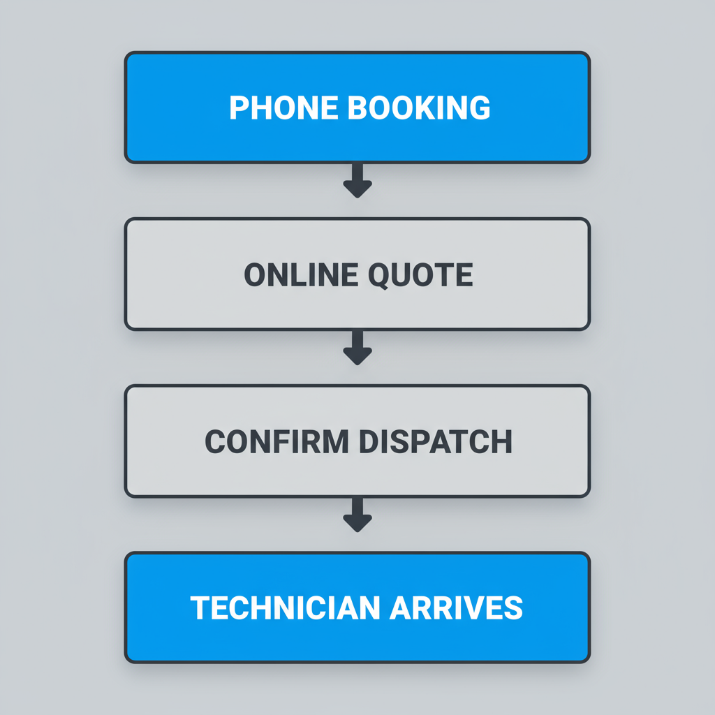 Vertical process flow showing the steps to schedule a Sub Zero appliance repair service in Palo Alto, including phone booking, online quotes, dispatch confirmation, and technician arrival.