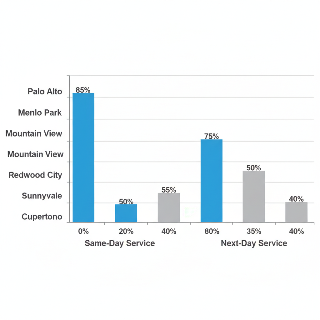 Landscape bar chart comparing Sub Zero repair same-day and next-day response times in Palo Alto and surrounding cities.