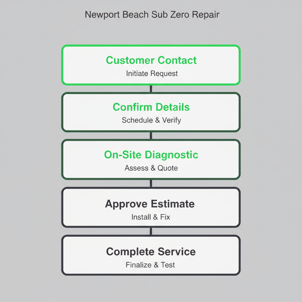 Vertical process flow showing six steps for booking and completing Sub Zero appliance repair service in Newport Beach.