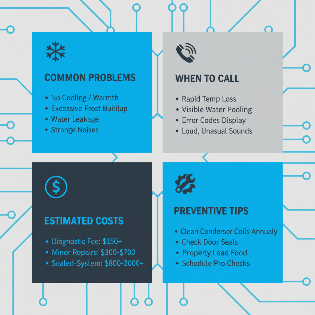Infographic detailing common Sub-Zero refrigerator problems, when to call a technician, estimated repair costs, and preventive maintenance tips specific to Newport Beach.
