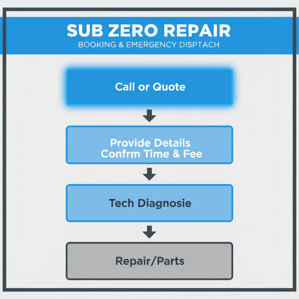 Vertical process flow showing steps for booking Sub Zero appliance repair, from initial contact to technician diagnosis and repair completion.