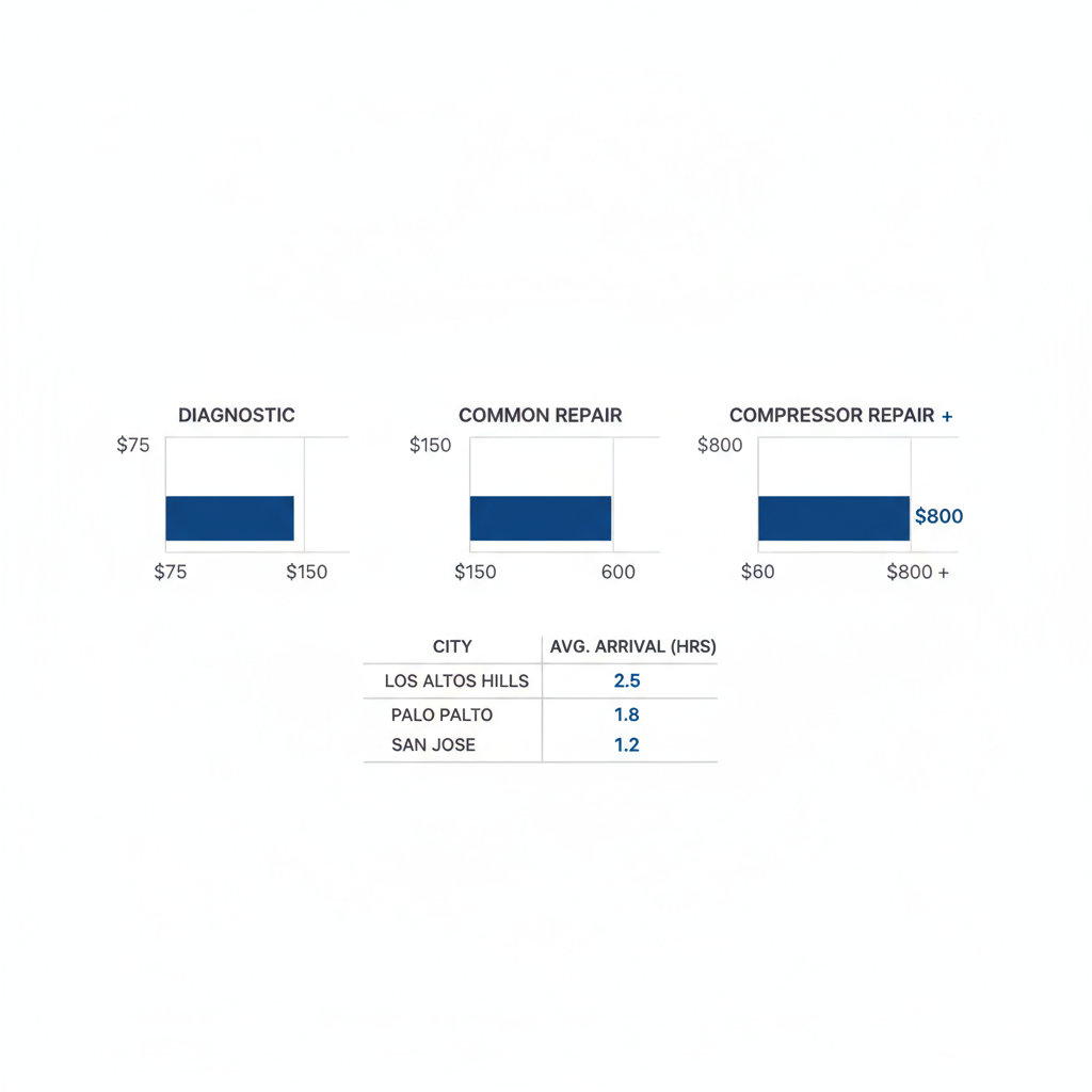 Infographic showing Sub Zero repair cost ranges for diagnostics, common repairs, and complex repairs, alongside average technician arrival times in surrounding California towns like San Jose.
