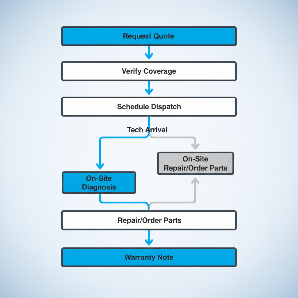 Vertical process flow illustrating 7 steps of Sub Zero same-day repair service, from quote request to warranty.