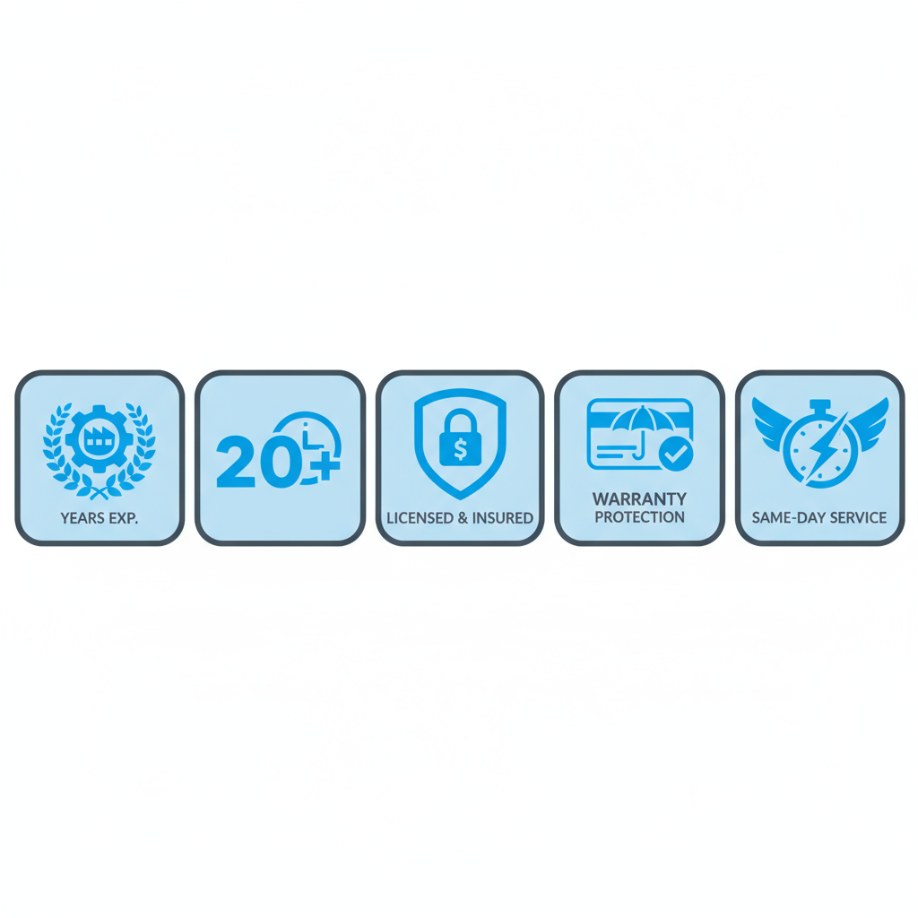 Icon set displaying Sub Zero repair technician credentials for a Glendale, CA service, including certifications, experience, licensing, warranty, and same-day service.