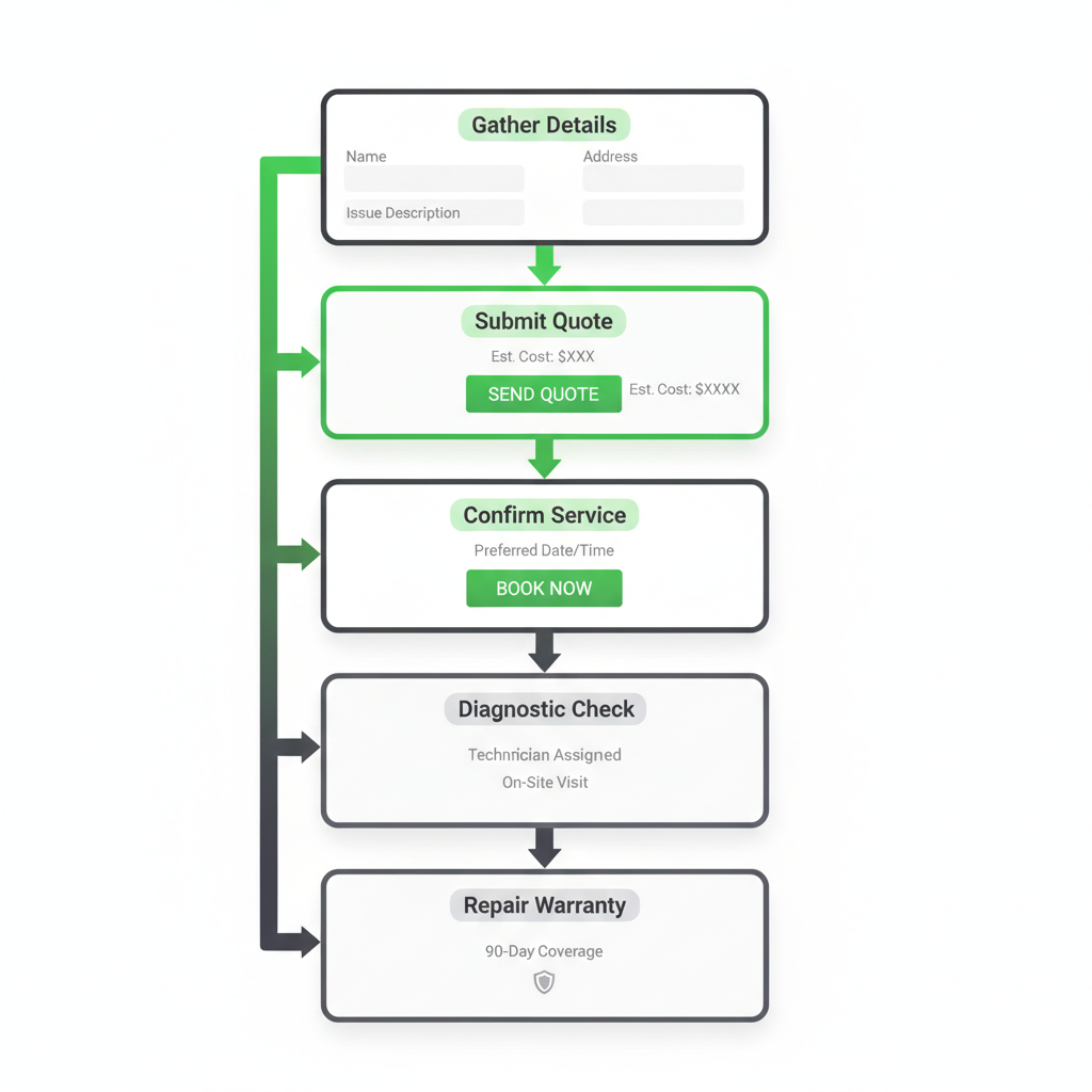A 5-step vertical process flow illustrating how to book appliance repair service in Irvine.