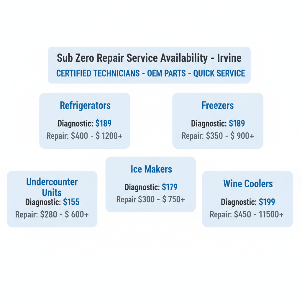 Infographic detailing Sub Zero repair service availability, typical costs, and covered appliance types for Irvine, CA.