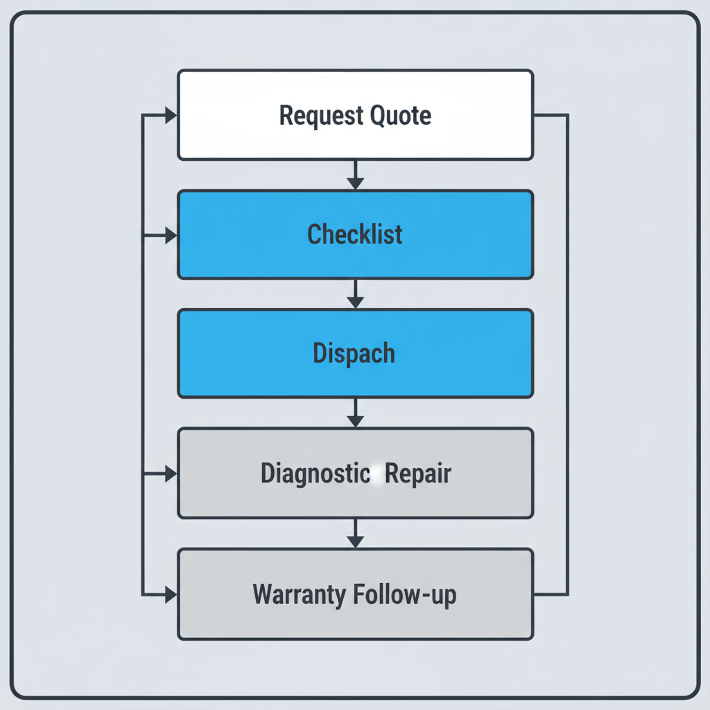 A vertical process flow depicting the six steps of getting an appliance repaired, from initial request to post-repair warranty.