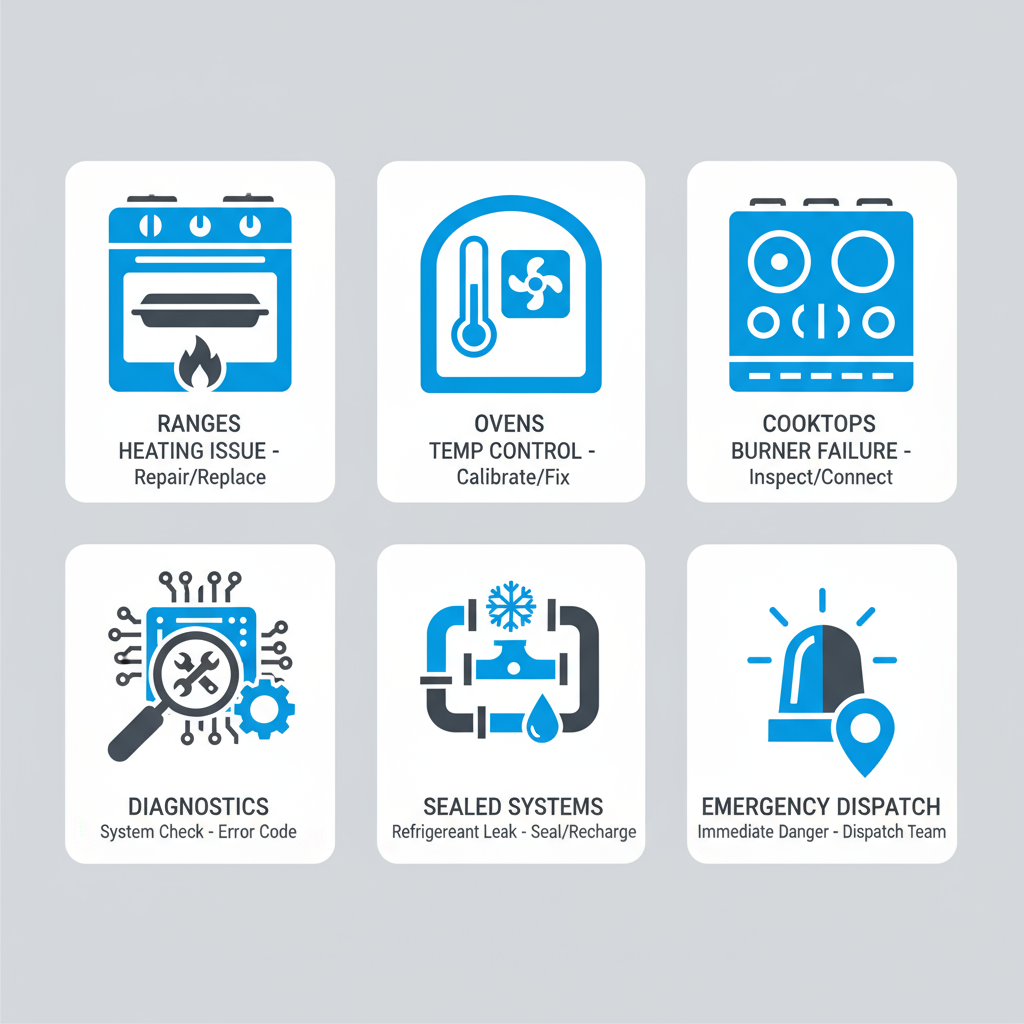 A square icon set depicting various Sub Zero appliance repair services like ranges, ovens, cooktops, diagnostics, sealed systems, and emergency dispatch, each with a brief description of response.