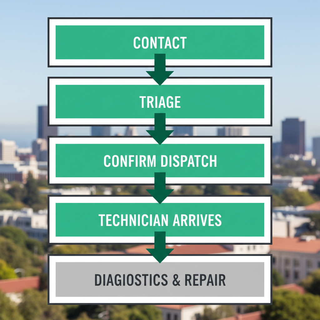 Vertical process flow showing 5 steps from customer contact to technician arrival for appliance repair in Berkeley.