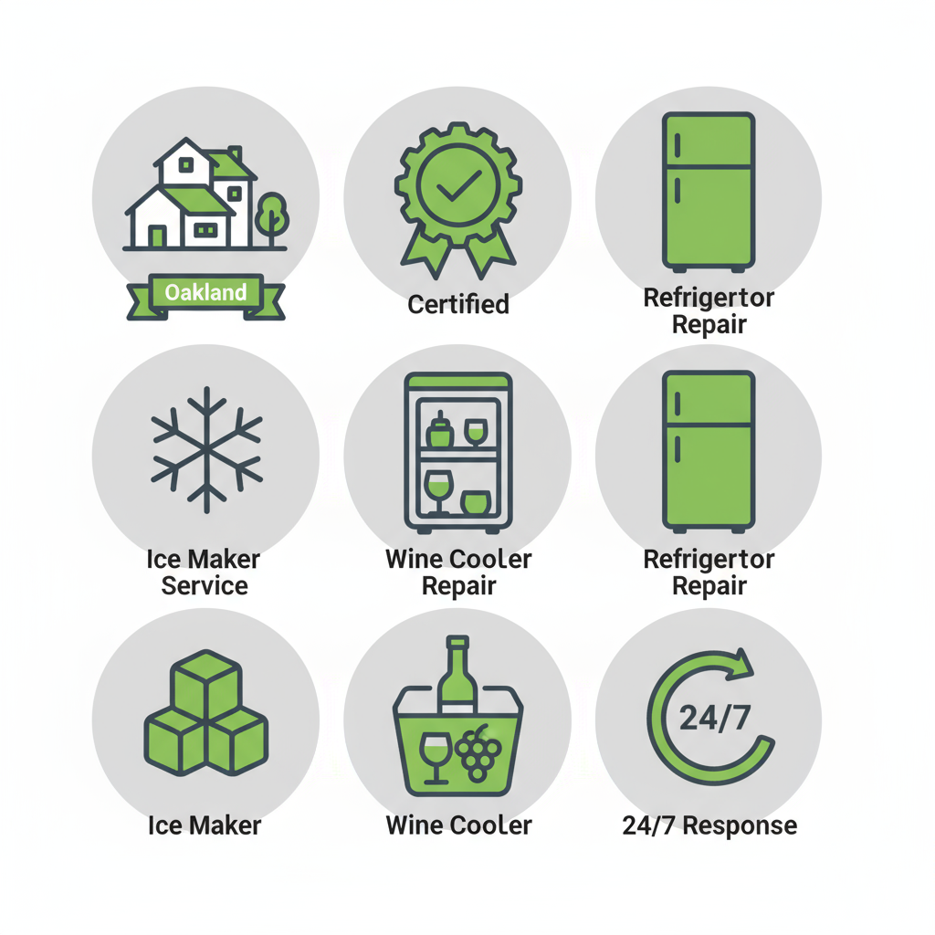 Icon set showcasing Sub Zero Repair's Oakland service area, certifications, and types of services offered including refrigerator, ice maker, and wine cooler repair with 24/7 response.