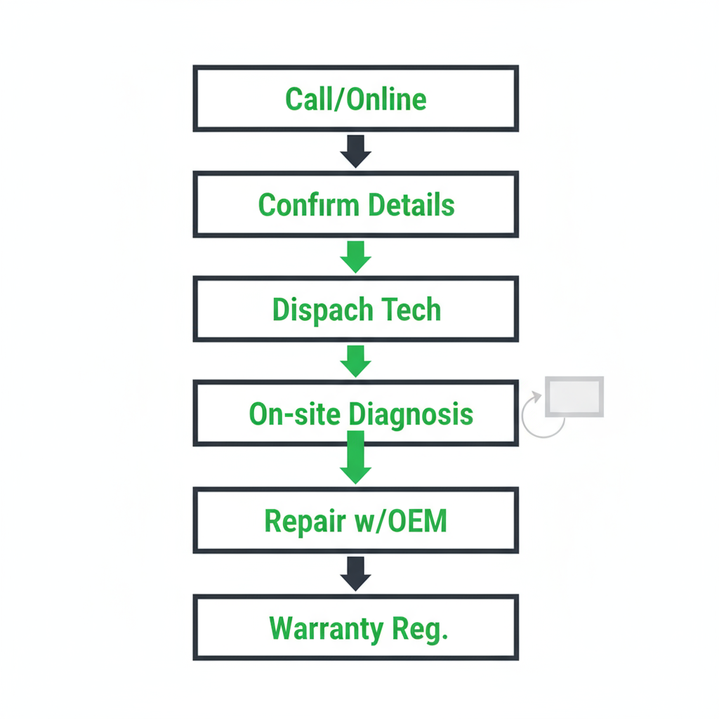 Vertical process flow illustrating the 7 steps for Sub Zero Wolf oven repair service in San Jose, from initial contact to warranty registration.