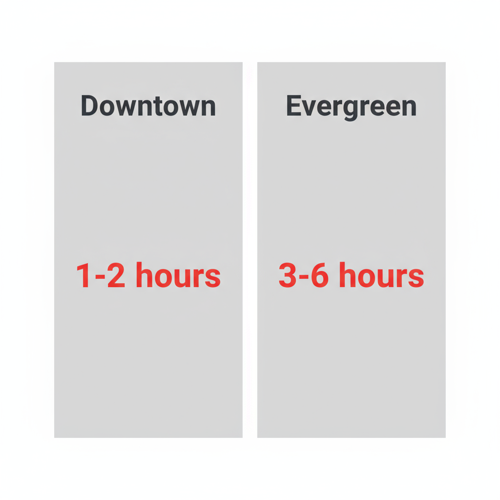 Data visualization showing Sub Zero appliance repair response times for Santa Clara neighborhoods, highlighting Downtown at 1-2 hours and Evergreen at 3-6 hours.