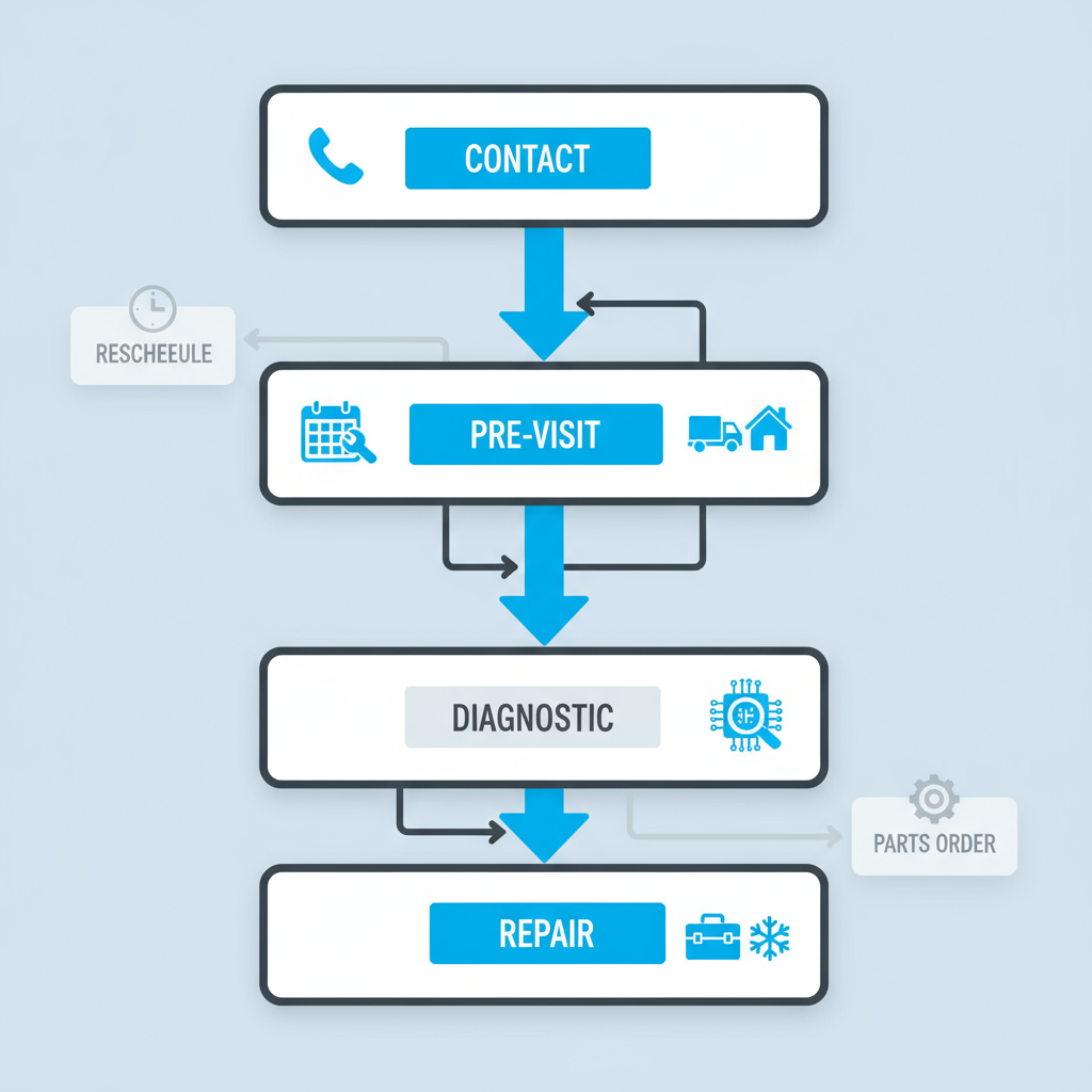 Vertical process flow illustrating the 5-step customer journey for Sub Zero appliance repair from contact to completed repair in San Mateo.