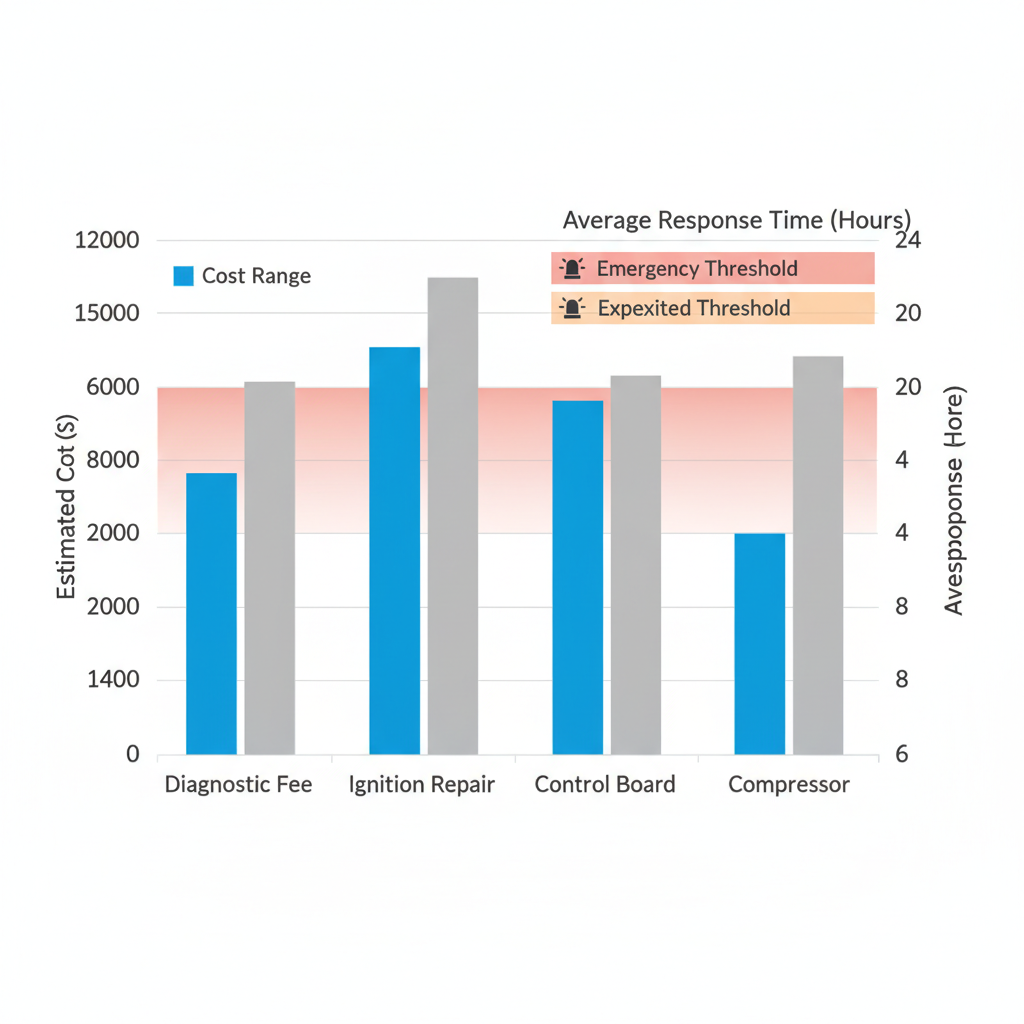 Data visualization comparing repair costs and same-day response times for common Wolf appliance repairs in the Bay Area, showing costs for diagnostic fee, ignition repair, control board, and refrigeration compressor.