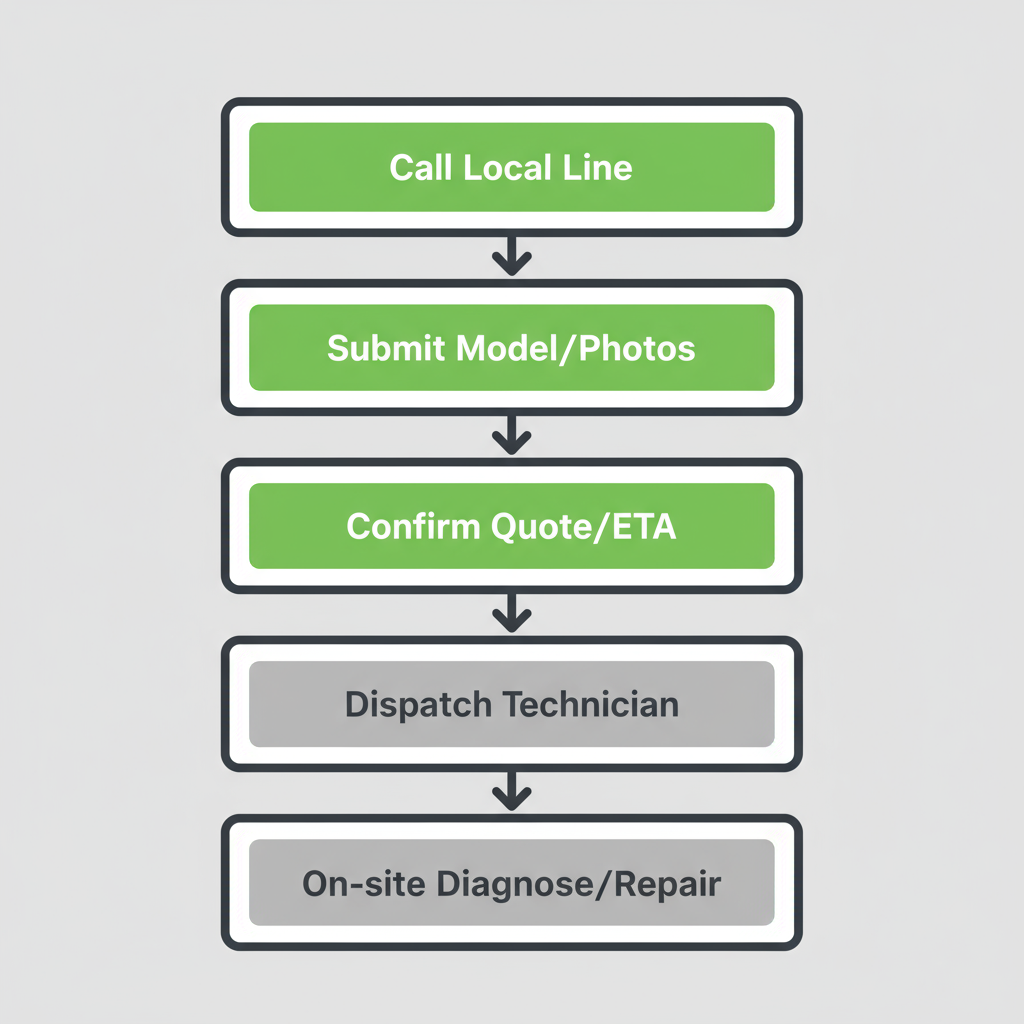 Vertical process flow for scheduling Sub Zero and Wolf appliance repair in Marin County, showing five steps with icons.