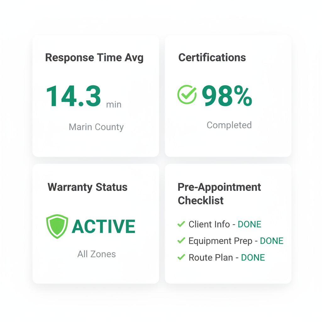 Marin County service area infographic showing response times, technician certification and warranty status details, and a pre-appointment checklist.