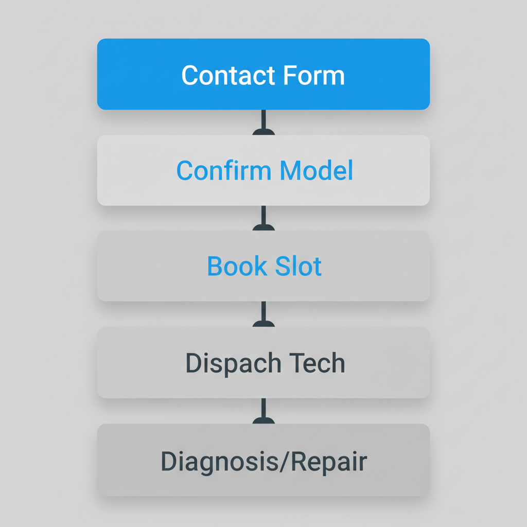 Vertical process flow illustrating 5 steps for scheduling Sub Zero appliance repair service, from online contact to onsite diagnosis.