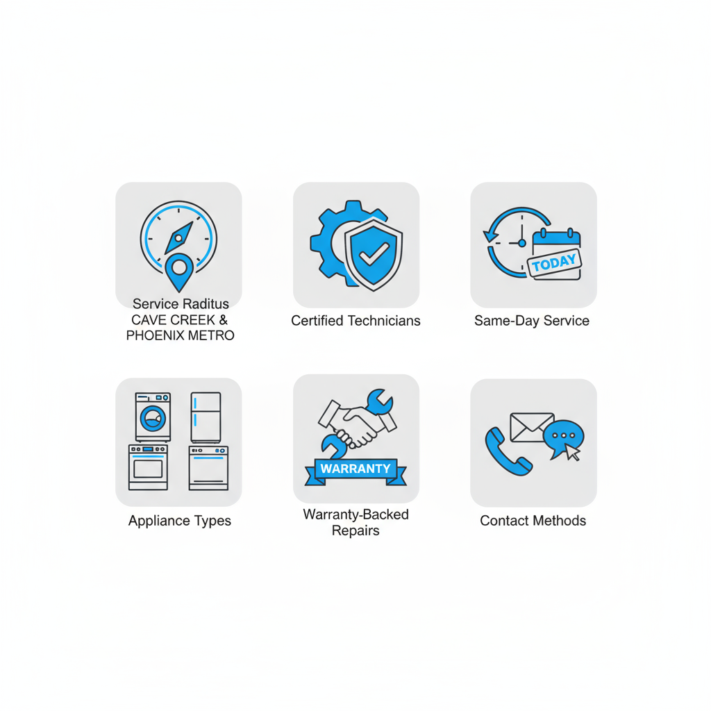 Icon set displaying Sub Zero appliance repair service features in Cave Creek: service radius, certified technicians, same-day repair, multiple appliance types, warranty, and contact methods.