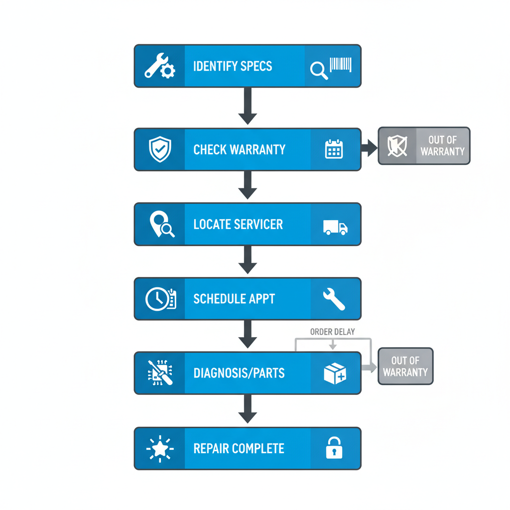 Vertical process flow illustrating the six steps for Sub Zero appliance repair service.