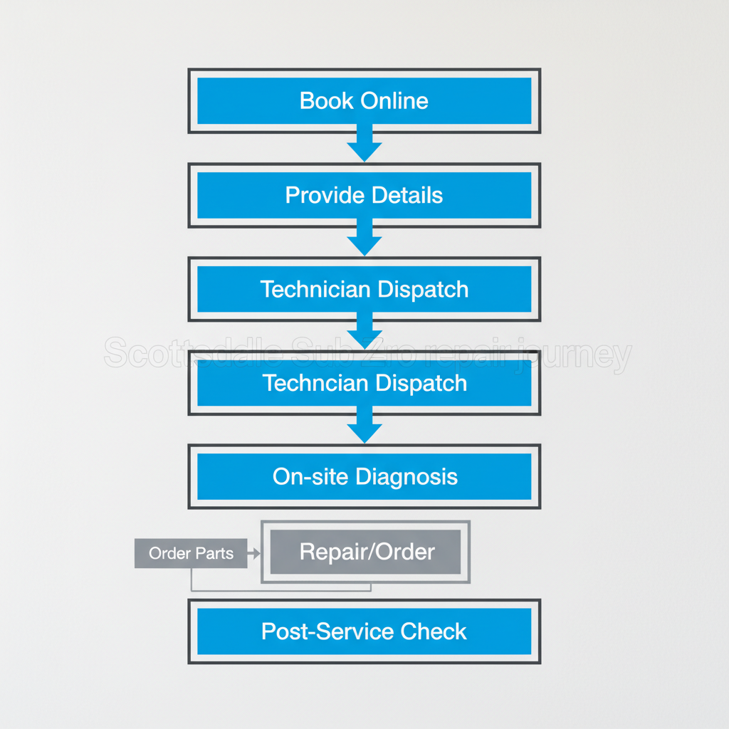 Vertical process flow showing the steps for a Sub Zero appliance repair service in Scottsdale, from booking to post-service check.