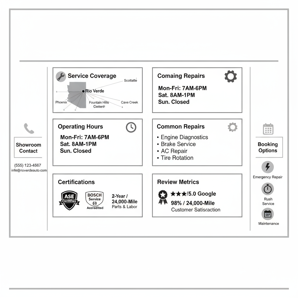 Infographic detailing Sub Zero Repair services in Rio Verde, including service area, operating hours, common repairs, certifications, warranty information, and customer review metrics, with a small location map and contact details.