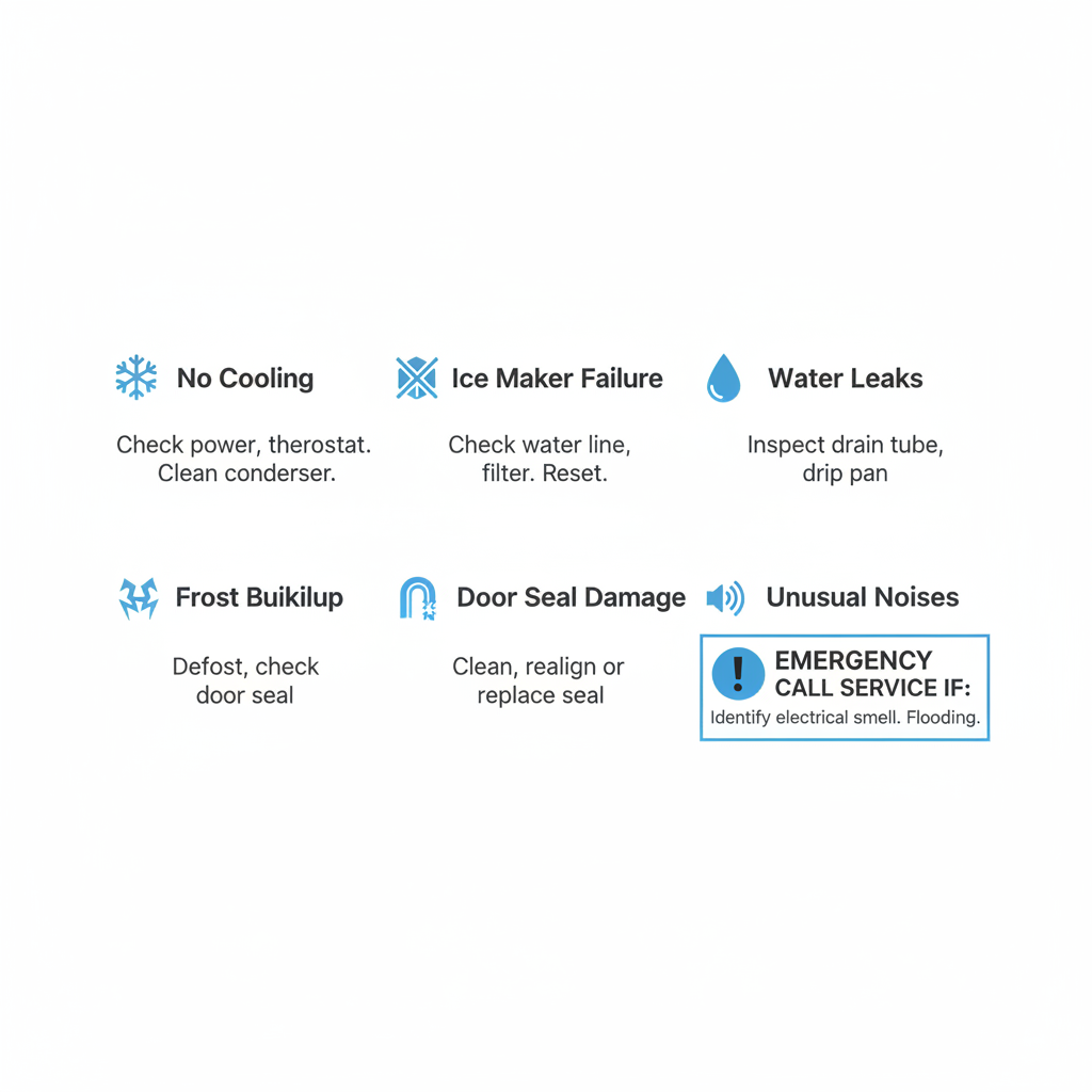 Infographic showing 6 common Sub-Zero refrigerator problems like no cooling, ice maker failure, and water leaks, with accompanying homeowner triage tips.