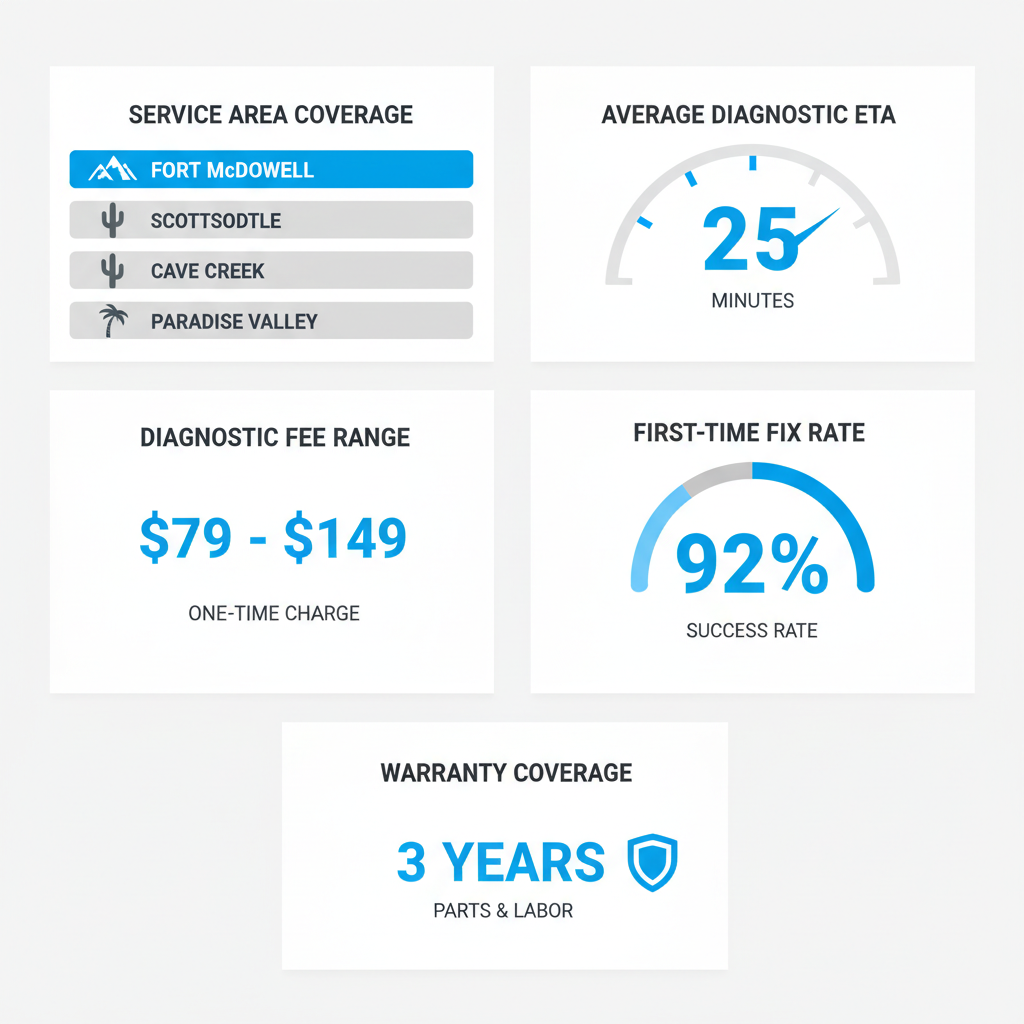 Data visualization showing service coverage percentage for Scottsdale, Cave Creek, and Paradise Valley, along with average diagnostic ETA, fee range, first-time fix rate, and warranty coverage for Sub Zero repair.