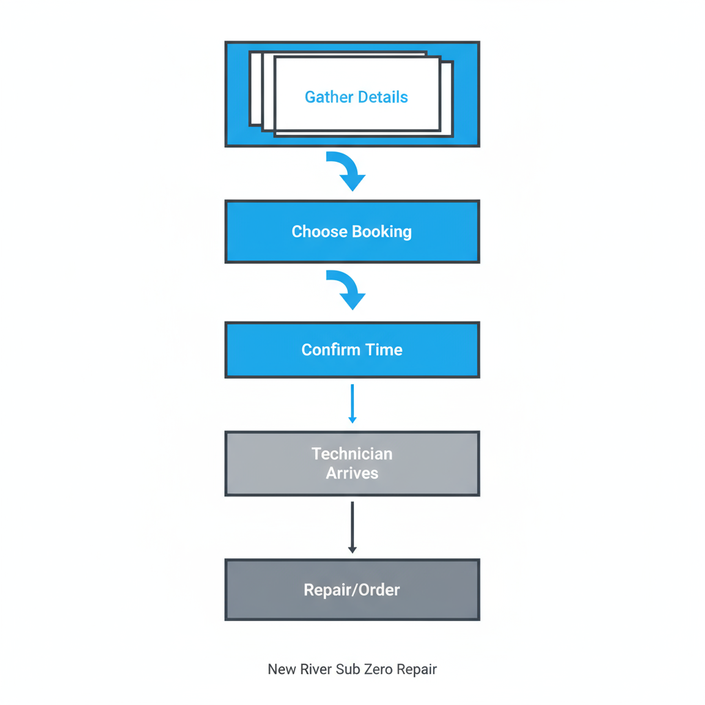 Vertical process flow showing 5 steps to schedule appliance repair service with Sub Zero Repair in New River.