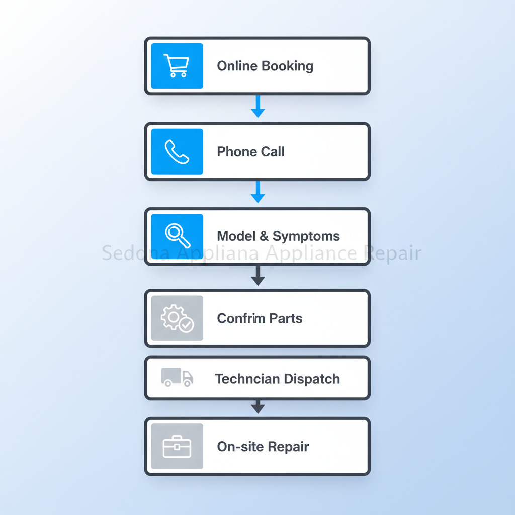 Vertical process flow illustrating the customer booking journey for Sub Zero appliance repair, from online booking to on-site repair in Sedona.