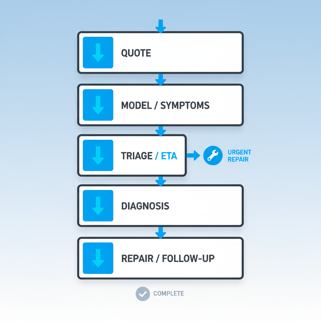 Vertical process flow showing steps to book Sub Zero appliance repair service