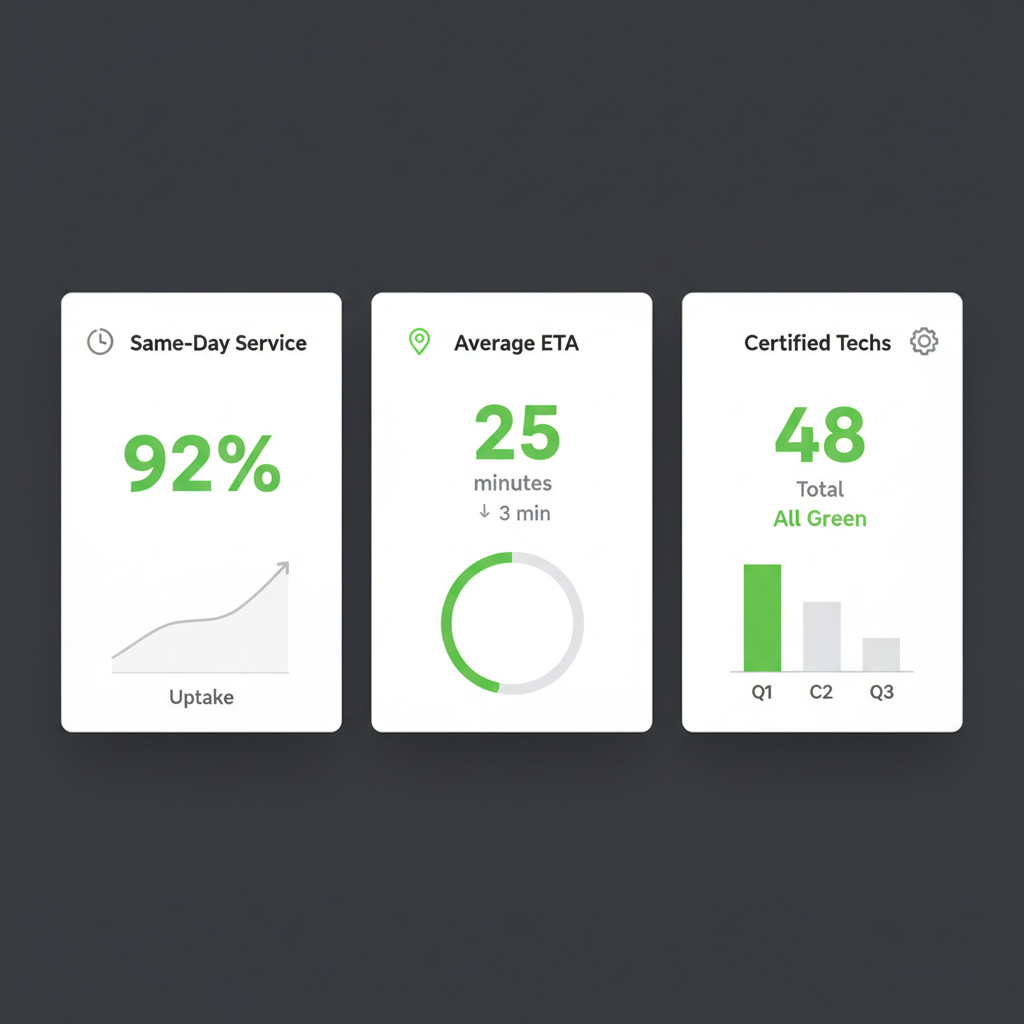 Infographic comparing Sub Zero repair service metrics in Queen Creek, including same-day availability, average arrival time, and certified technician percentage.