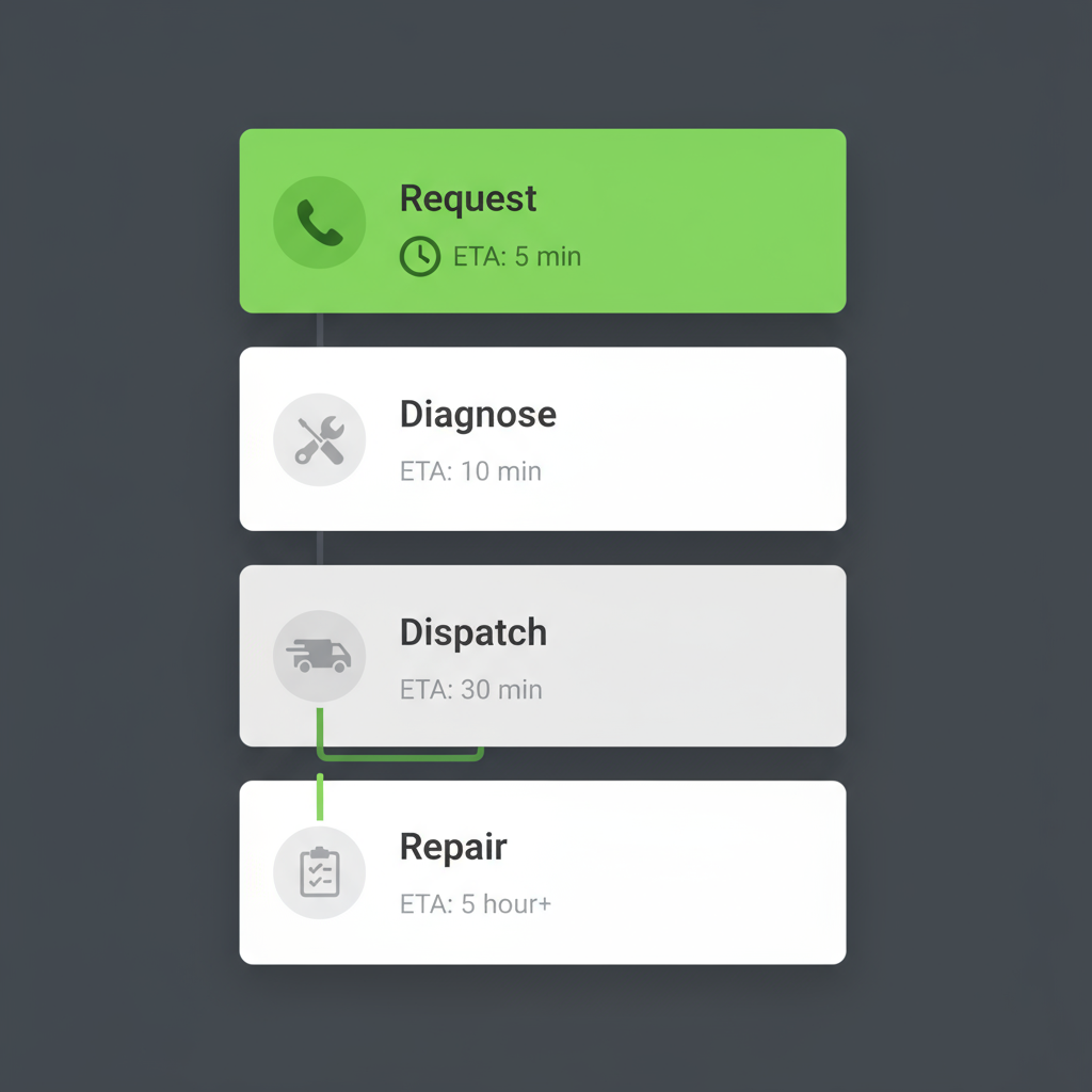 Vertical process flow illustrating the four steps of booking a Sub Zero appliance repair service, from initial request to repair completion.