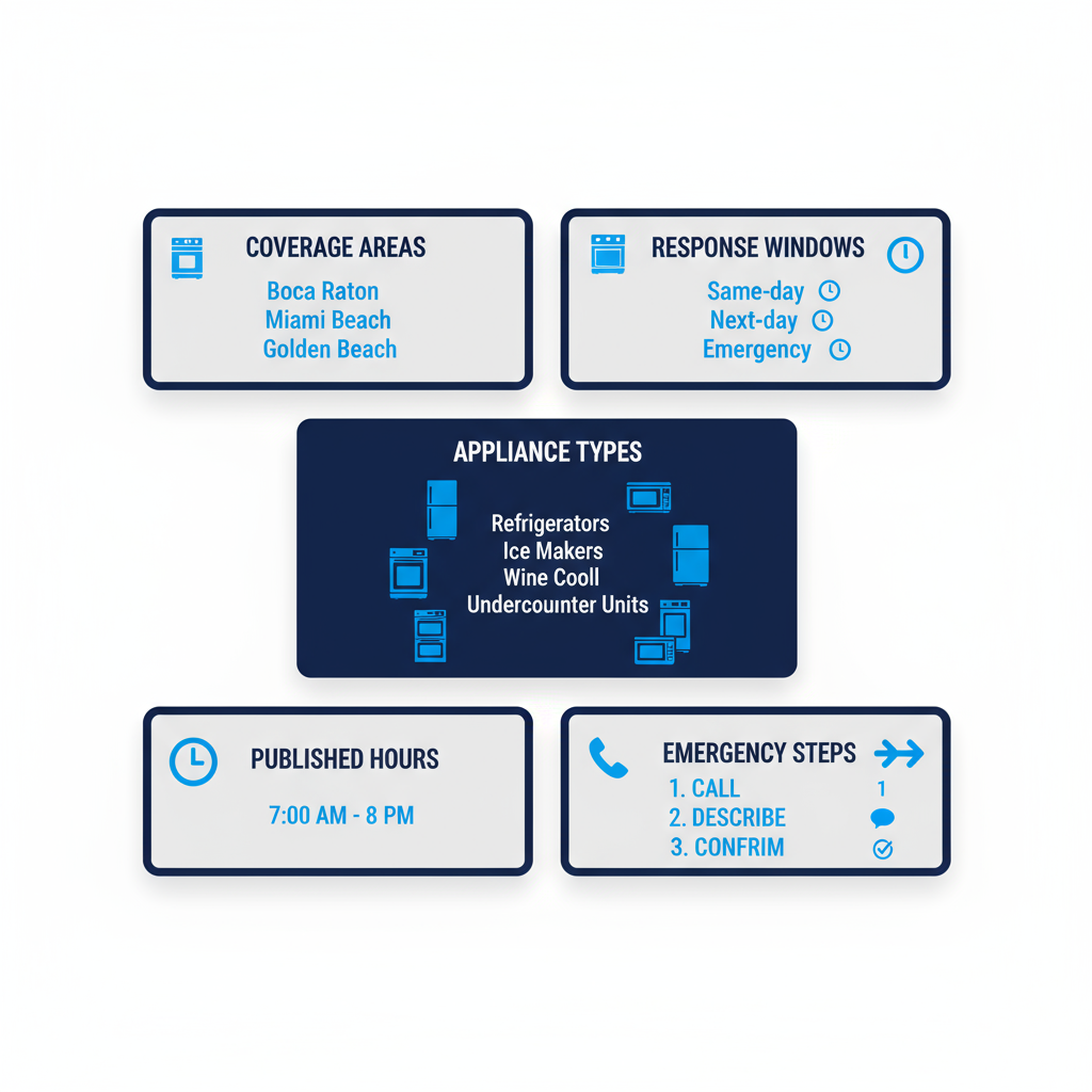 Infographic displaying Sub Zero repair service coverage in Boca Raton, including neighboring areas, response times, supported appliance types, and operating hours for emergency and standard service