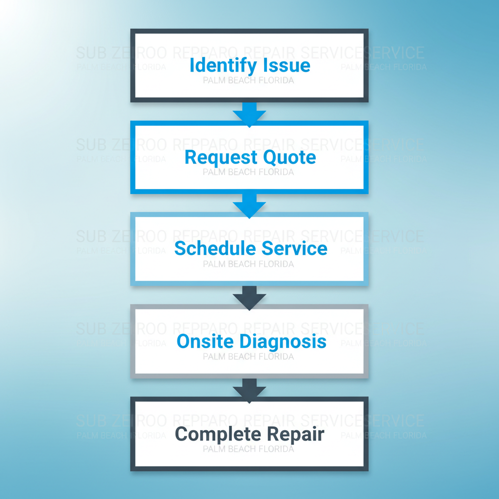 Vertical process flow illustrating 5 steps for Sub Zero appliance repair service request