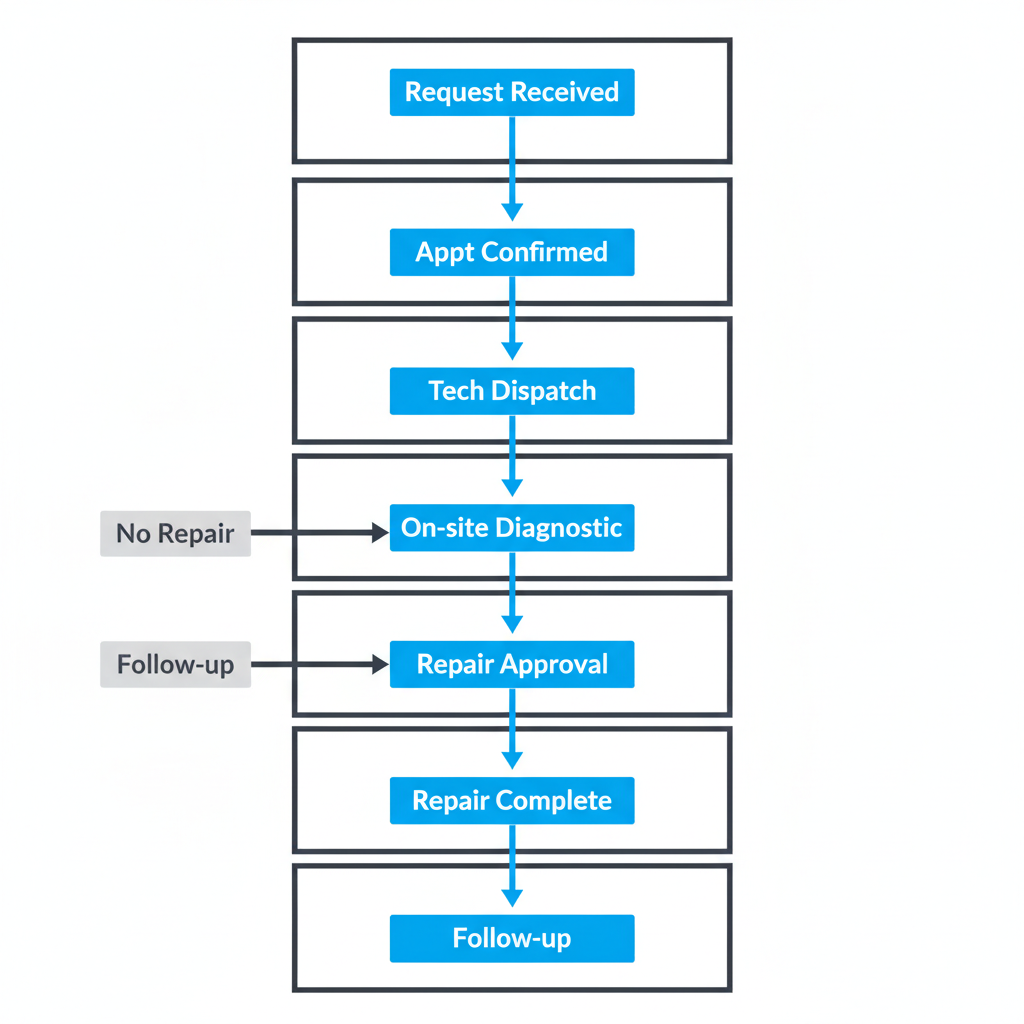 A vertical flow chart illustrating the 8-step Sub Zero appliance repair process in Coral Gables, from initial request to follow-up.