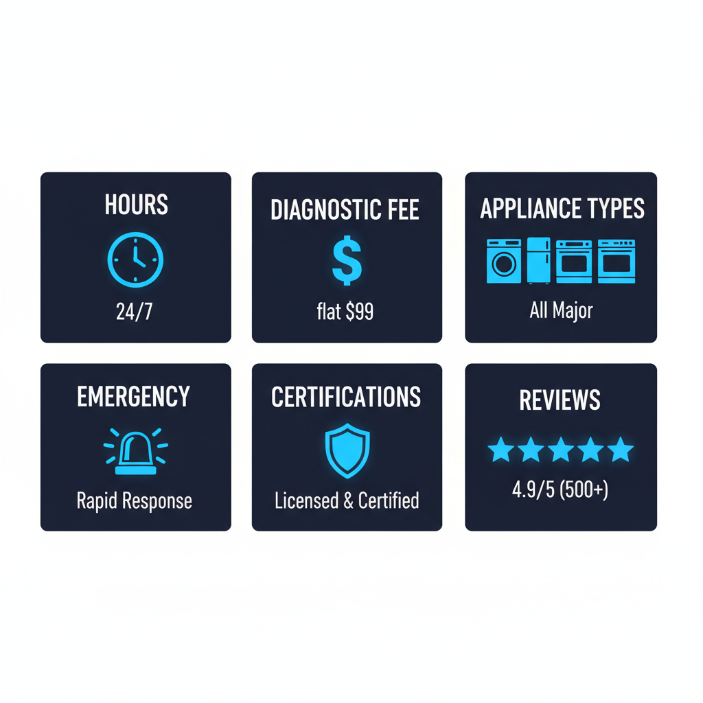 Infographic showing service highlights for Sub Zero appliance repair in Coral Gables including hours, fees, and appliance types.