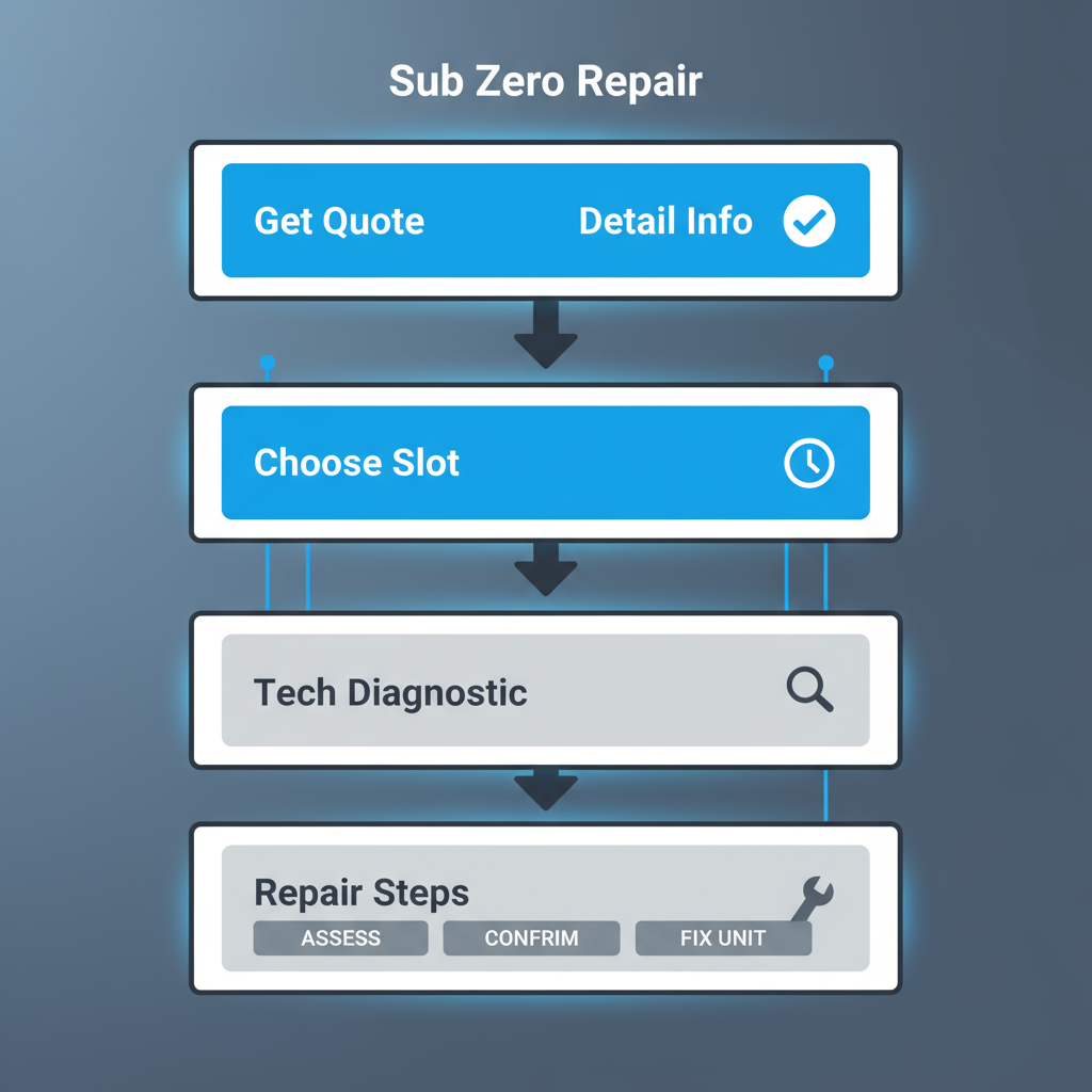 Vertical process flow illustrating the five steps for requesting and receiving Sub Zero appliance repair service.